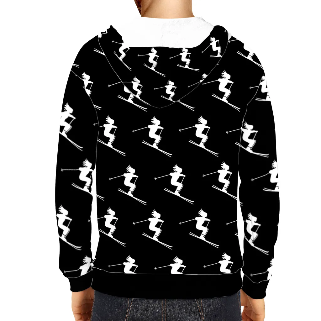 All-Over Print Pullover Hoodie - Skiers Black and White