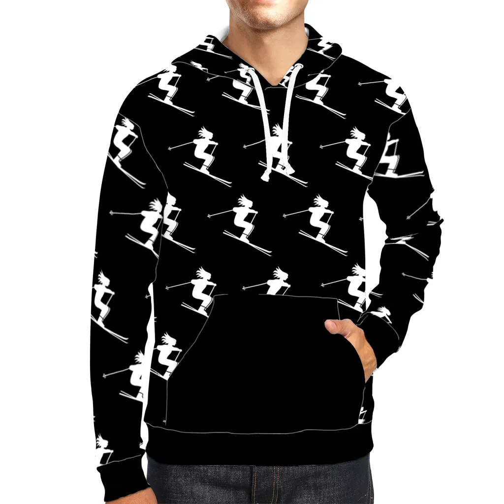 All-Over Print Pullover Hoodie - Skiers Black and White