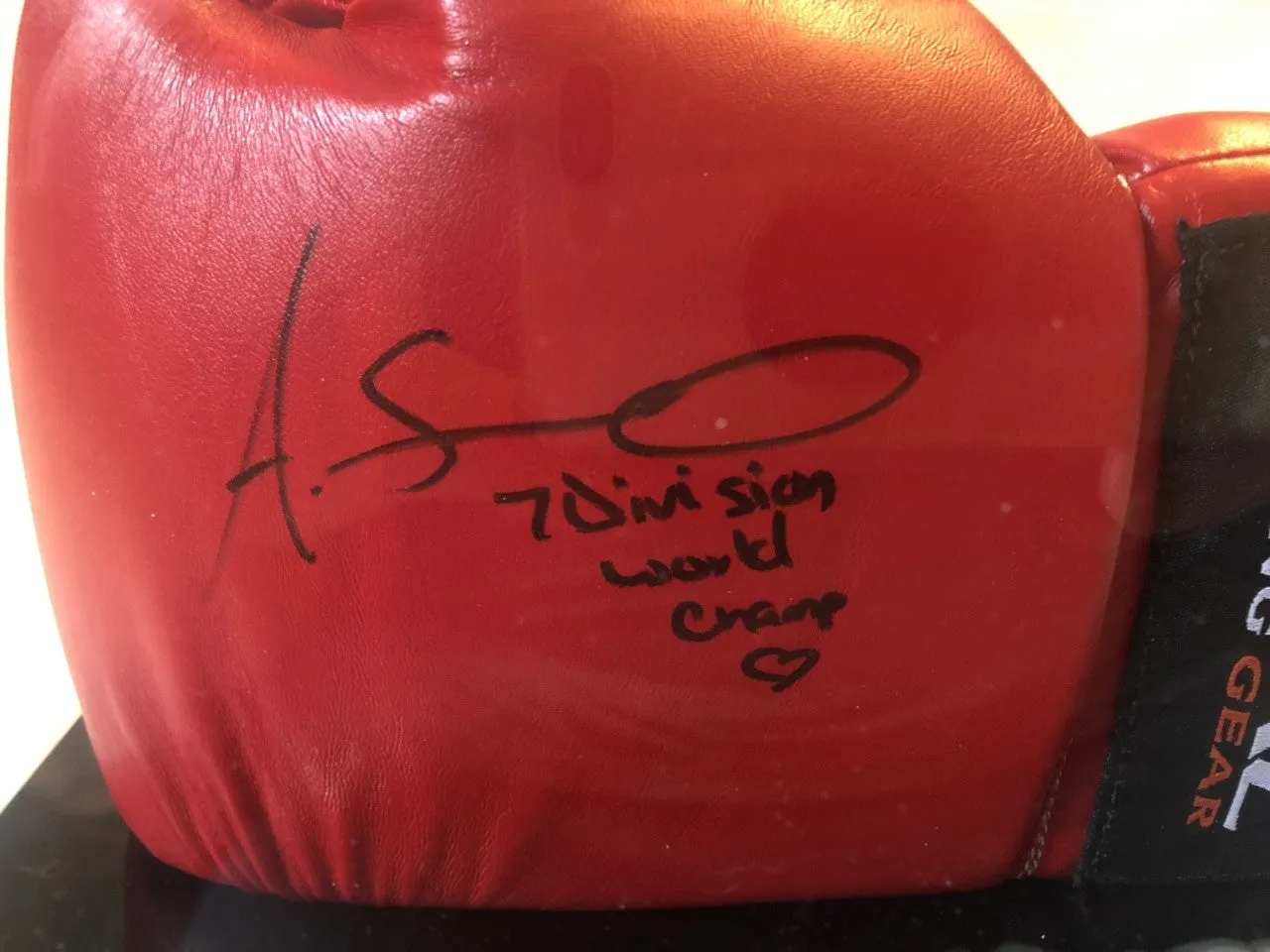 Amanda Serrano Rare autographed signed Rival Red/BLK horizontal boxing gloves display.