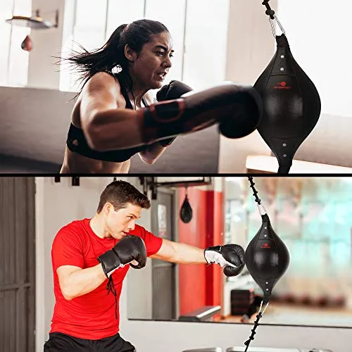 BOXERPOINT Double End Bag Boxing Set - Double Ended Punching Ball - Speed Striking Reflex Kit with Fully Adjustable Cords - PU Leather Punch Bag with Hand Wraps, Complete Installation Kit & Carry Bag
