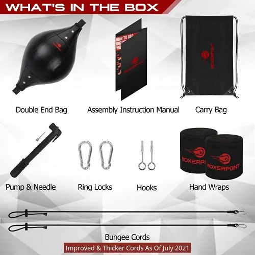 BOXERPOINT Double End Bag Boxing Set - Double Ended Punching Ball - Speed Striking Reflex Kit with Fully Adjustable Cords - PU Leather Punch Bag with Hand Wraps, Complete Installation Kit & Carry Bag
