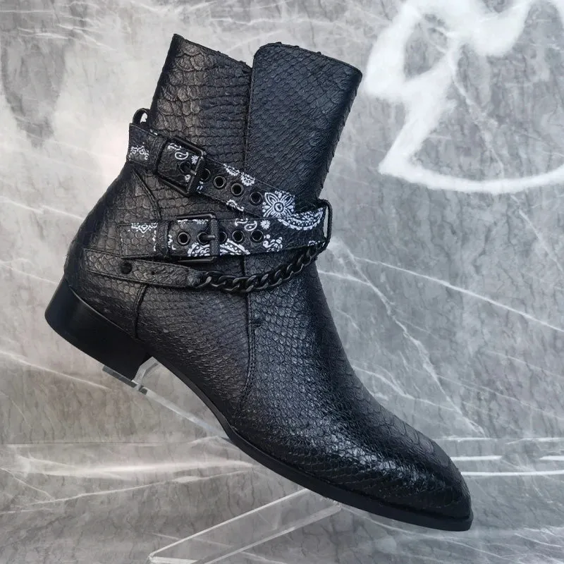Buckle Strap Men's Leather Ankle Boots Crocodile Chain Print Black Shoes