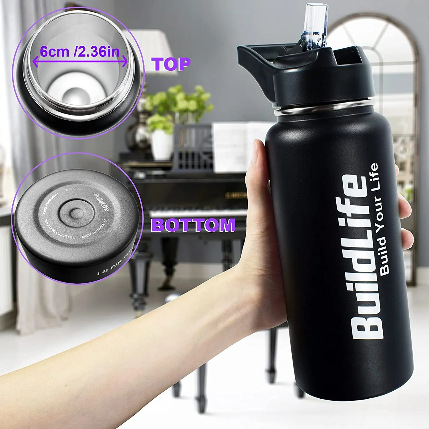 BuildLife Stainless Steel Water Bottle - 32 oz Water Jug with Straw Vacuum Insulated Double Wall Metal Sweat-Proof Keeps Liquids Hot or Cold BPA Free (Black, 32oz)
