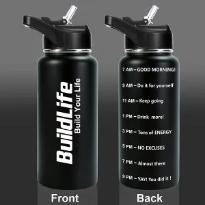 BuildLife Stainless Steel Water Bottle - 32 oz Water Jug with Straw Vacuum Insulated Double Wall Metal Sweat-Proof Keeps Liquids Hot or Cold BPA Free (Black, 32oz)