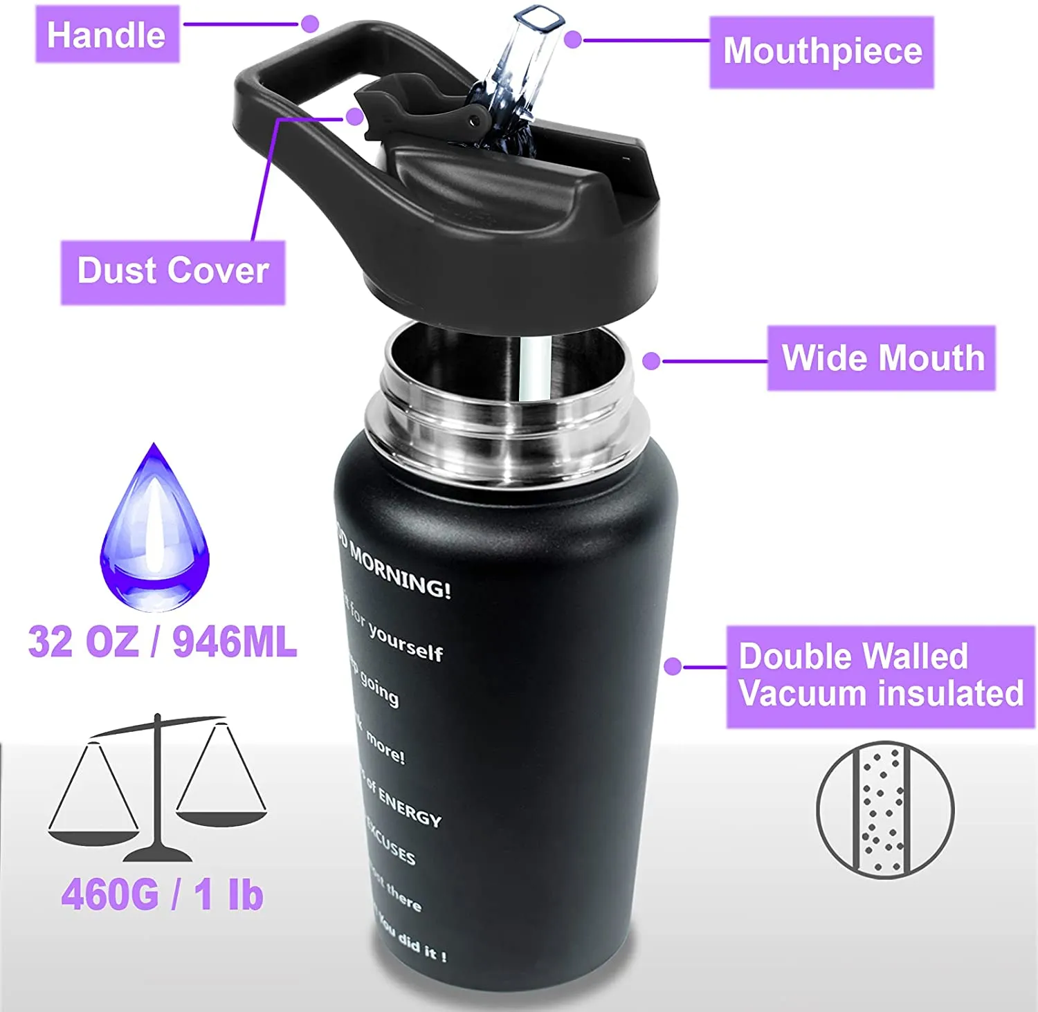BuildLife Stainless Steel Water Bottle - 32 oz Water Jug with Straw Vacuum Insulated Double Wall Metal Sweat-Proof Keeps Liquids Hot or Cold BPA Free (Black, 32oz)