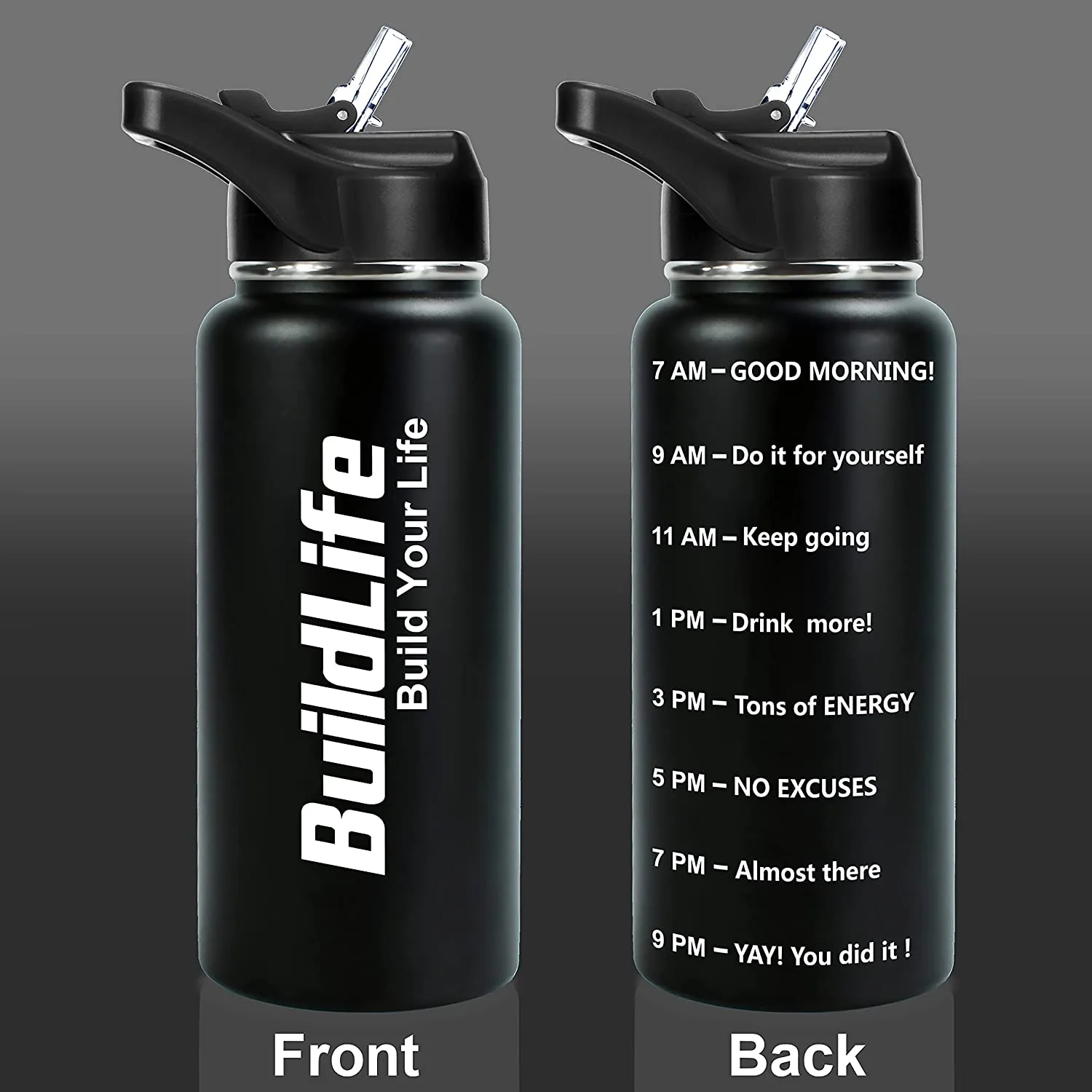 BuildLife Stainless Steel Water Bottle - 32 oz Water Jug with Straw Vacuum Insulated Double Wall Metal Sweat-Proof Keeps Liquids Hot or Cold BPA Free (Black, 32oz)