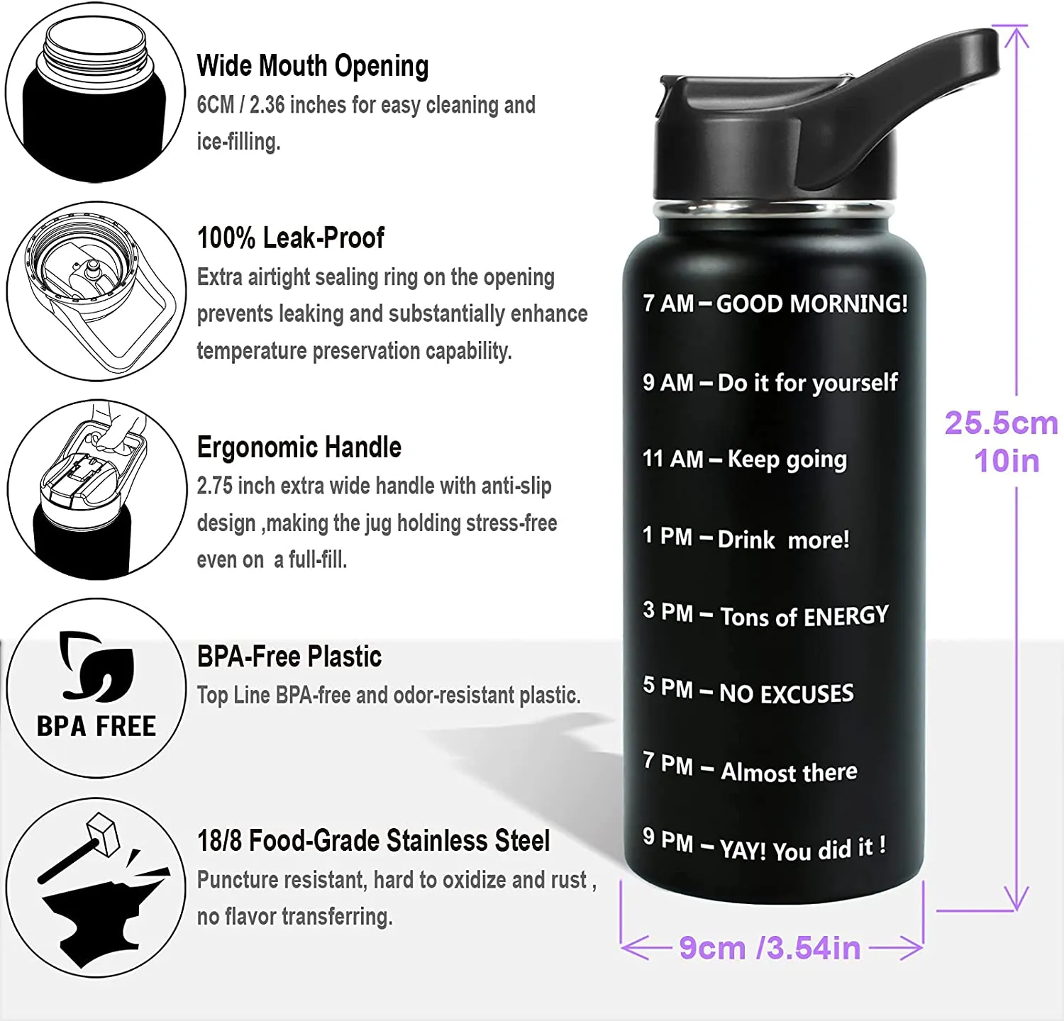 BuildLife Stainless Steel Water Bottle - 32 oz Water Jug with Straw Vacuum Insulated Double Wall Metal Sweat-Proof Keeps Liquids Hot or Cold BPA Free (Black, 32oz)