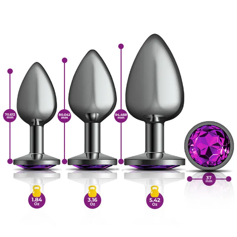 Cheeky Charms - Metal Butt Plug Gunmetal - Round - Deep Purple - Kit