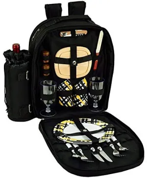 (D) 2 Person Picnic Backpack Bag, Full Equipment Set for Outdoor (Black Paris)