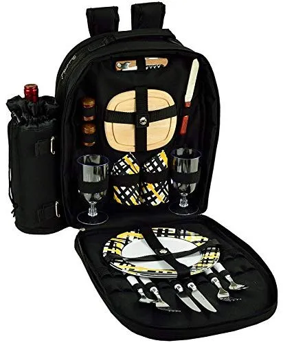 (D) 2 Person Picnic Backpack Bag, Full Equipment Set for Outdoor (Black Paris)