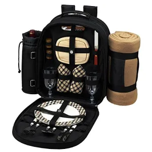 (D) Picnic Backpack Bag for 2, Full Set for Outdoor with Blanket (Black London)