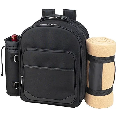 (D) Picnic Backpack Bag for 2, Full Set for Outdoor with Blanket (Black London)