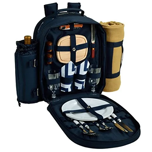 (D) Picnic Backpack Bag for 2, Full Set for Outdoor with Blanket (Blue Chevron)