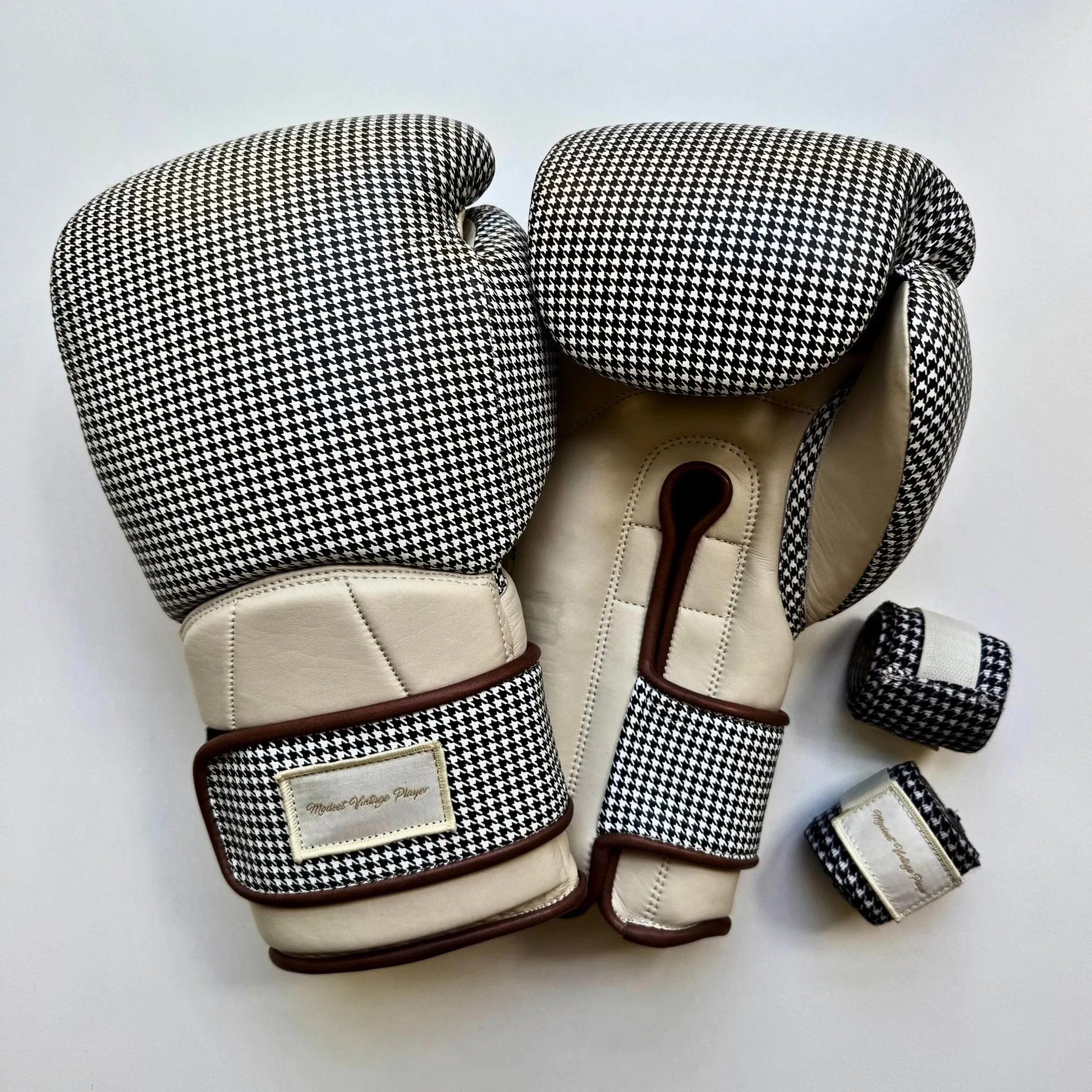 Elite Houndstooth Leather Boxing Gloves (Strap Up) - Cream