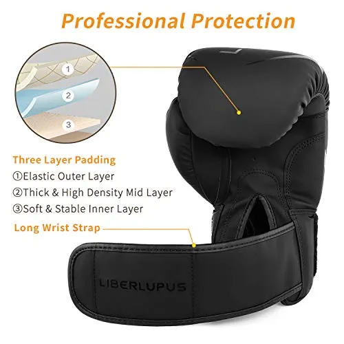 Liberlupus Cool Style Boxing Gloves for Men & Women, Boxing Training Gloves, Kickboxing Gloves, Sparring Gloves, Heavy Bag Gloves for Boxing, Kickboxing, Muay Thai, MMA (Black, 10 oz)