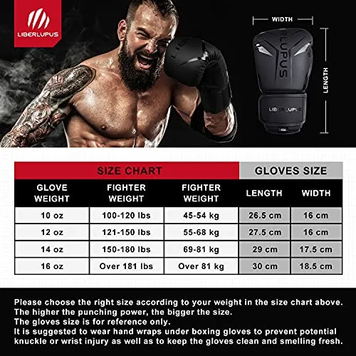Liberlupus Cool Style Boxing Gloves for Men & Women, Boxing Training Gloves, Kickboxing Gloves, Sparring Gloves, Heavy Bag Gloves for Boxing, Kickboxing, Muay Thai, MMA (Black, 10 oz)