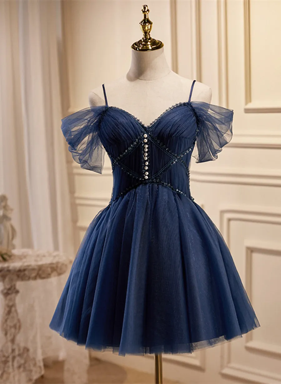 Navy Blue Cute Short Sweetheart Beaded Party Dress, Navy Blue Short Prom Dress
