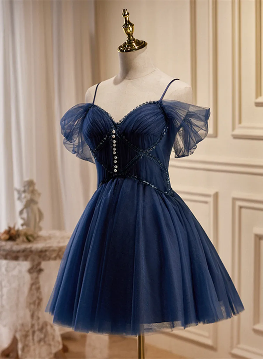 Navy Blue Cute Short Sweetheart Beaded Party Dress, Navy Blue Short Prom Dress