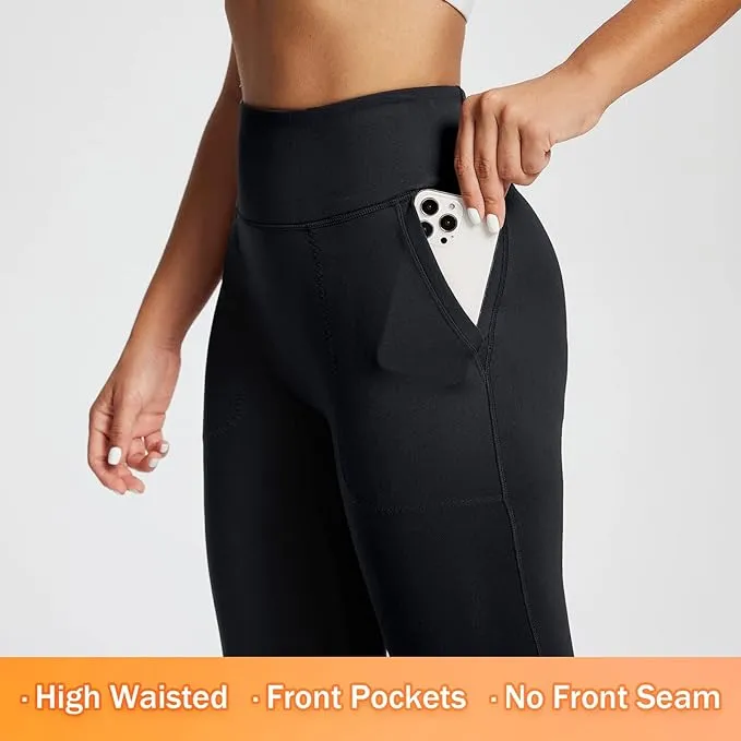 New BALEAF Women's Full Length No Seam Leggings with Pockets, High Waisted Yoga Compression Pant, Black, Sz M!