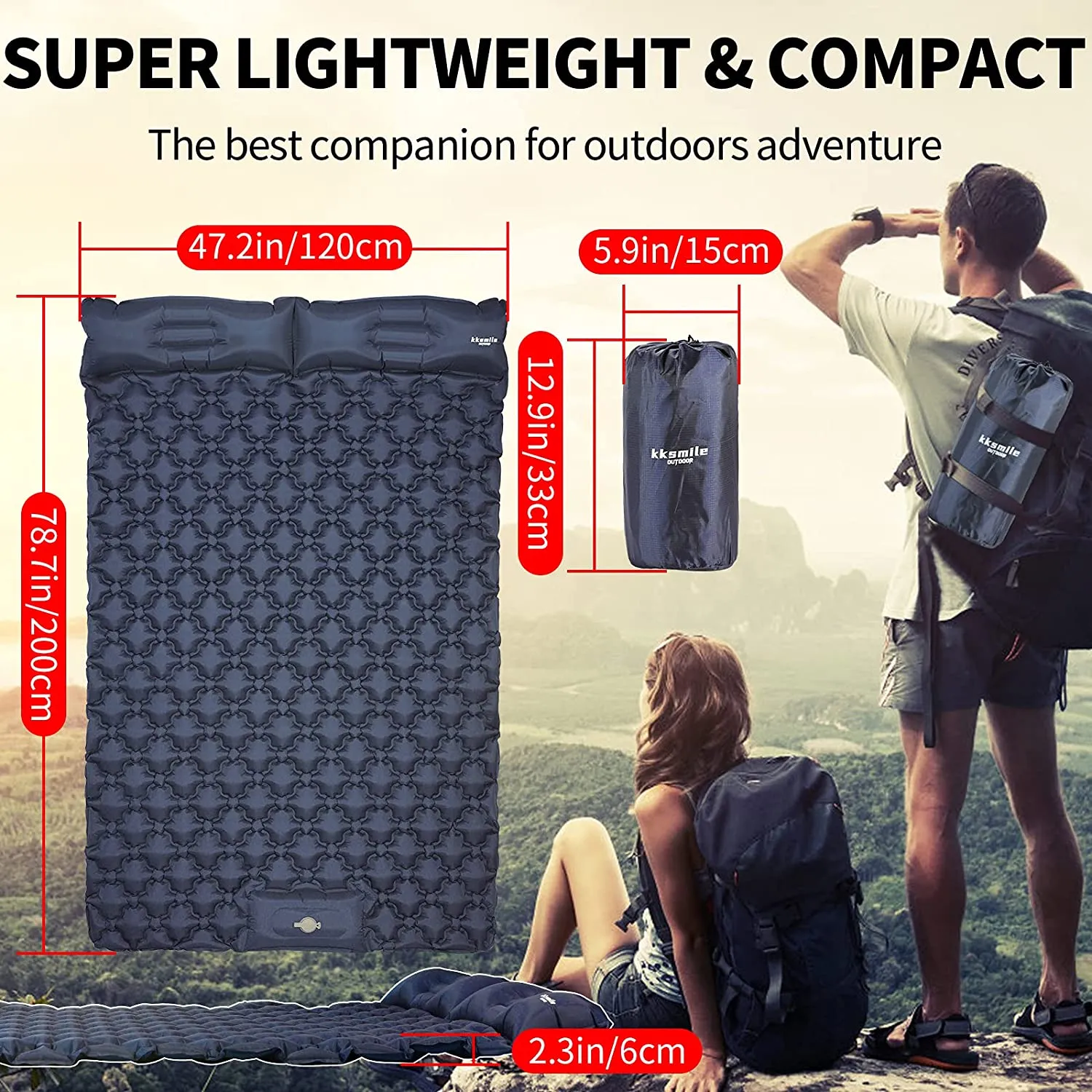 New kksmile Double Sleeping Pad for Camping, Self Inflating Sleeping Pad, Upgraded Ultralight Sleeping Pad Built-in Pump, 2.5" Backpacking Sleeping pad for Waterproof, Hiking and Traveling