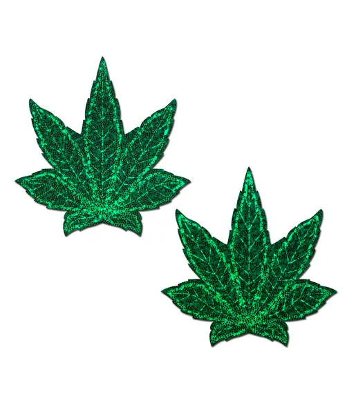 POT LEAF NIPPLE PASTIES - GREEN GLITTER