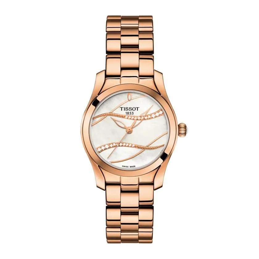Tissot T-Wave 30mm Clock Madreper peak Diamonds Quartz Steel Finish Pvd Gold Rose T112.210.33.111.00
