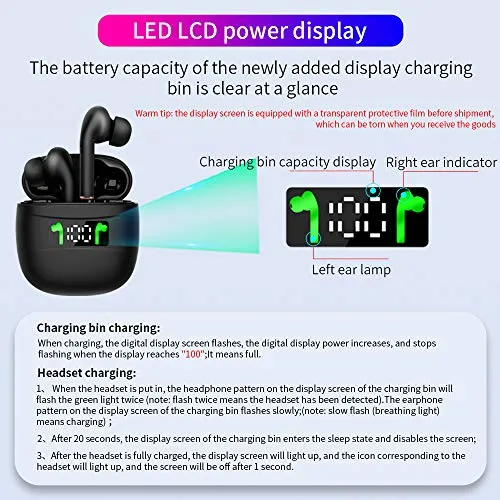 True Wireless Earbuds Bluetooth 5.2 with Led Display Charging Case Waterproof Earbuds 35 Hours Playtime Built-in Mic Earbuds HiFi Premium Sound with Deep Bass for Sport,Black