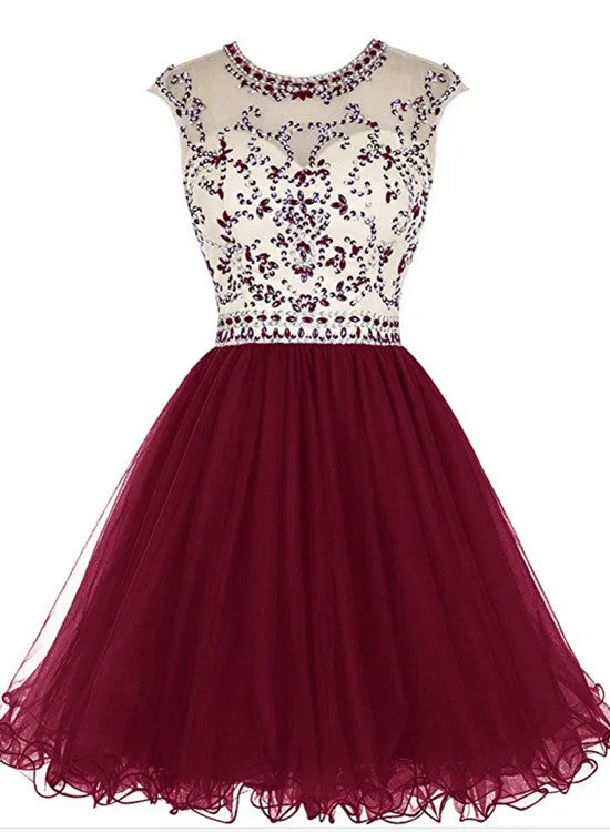 Tulle Beaded O-neckline Short Homecoming Dresses , Cute Party Dresses, Short Prom Dresses