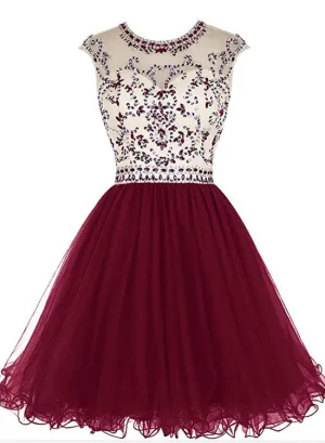 Tulle Beaded O-neckline Short Homecoming Dresses , Cute Party Dresses, Short Prom Dresses