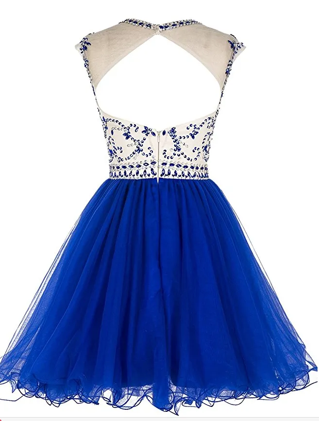 Tulle Beaded O-neckline Short Homecoming Dresses , Cute Party Dresses, Short Prom Dresses
