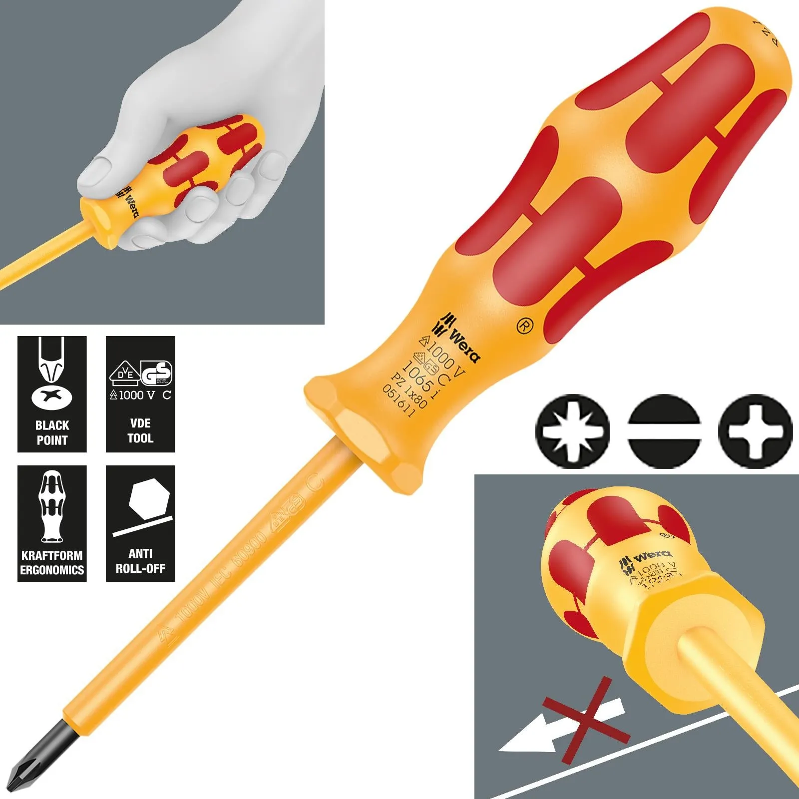Wera Screwdriver VDE Insulated 1000V Kraftform 1000 Series Slotted Phillips Pozi